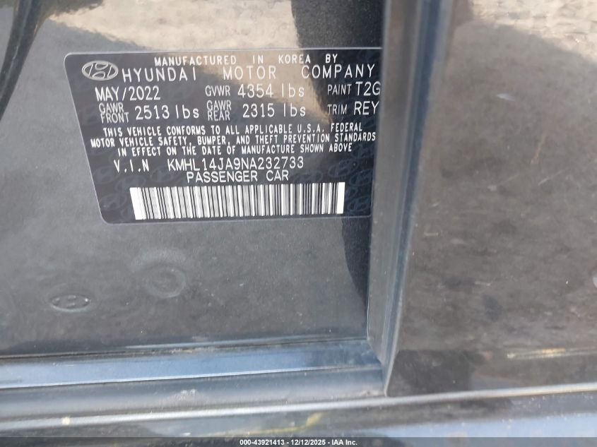 2022 Hyundai Sonata Sel VIN: KMHL14JA9NA232733 Lot: 43921413