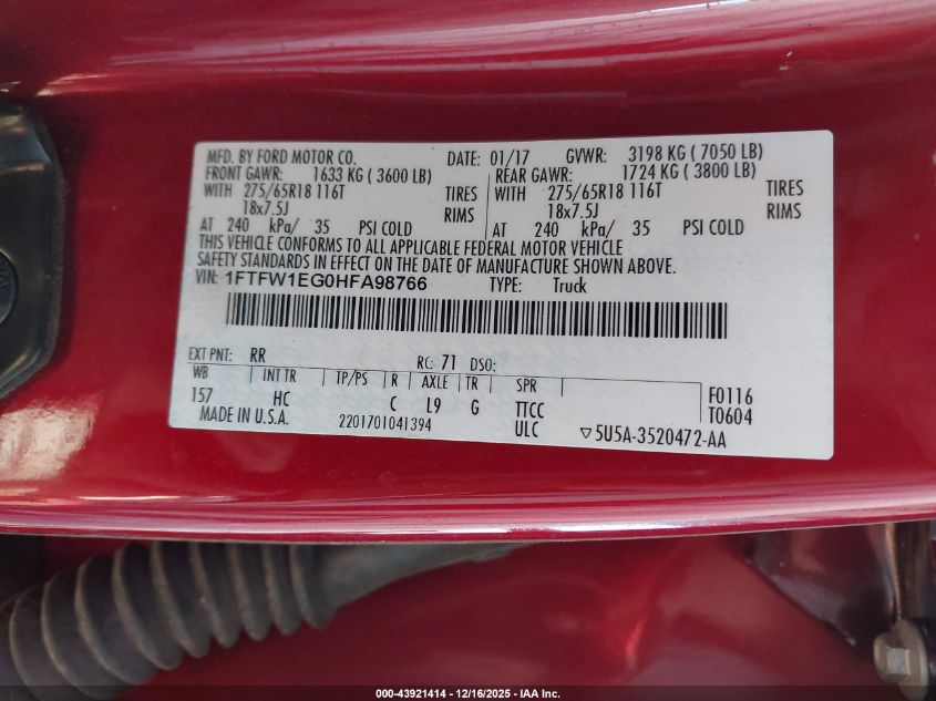 2017 Ford F-150 Lariat VIN: 1FTFW1EG0HFA98766 Lot: 43921414