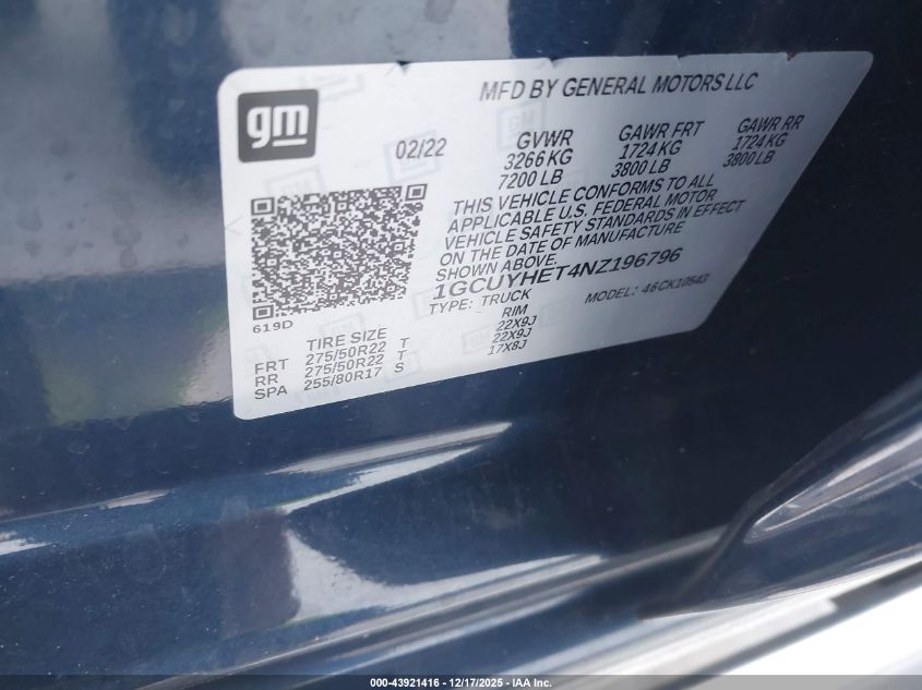 2022 Chevrolet Silverado 1500 Ltd 4Wd Short Bed High Country VIN: 1GCUYHET4NZ196796 Lot: 43921416