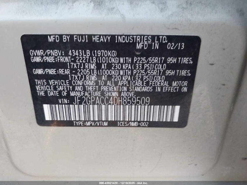 2013 Subaru Xv Crosstrek 2.0I Premium VIN: JF2GPACC4DH859509 Lot: 43921420