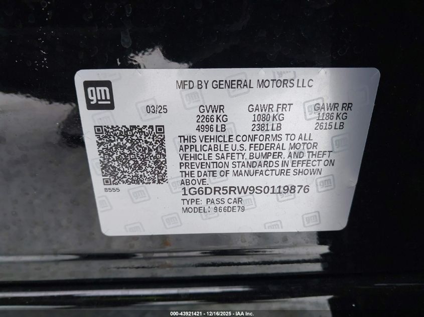 2025 Cadillac Ct5-V V-Series Rwd VIN: 1G6DR5RW9S0119876 Lot: 43921421