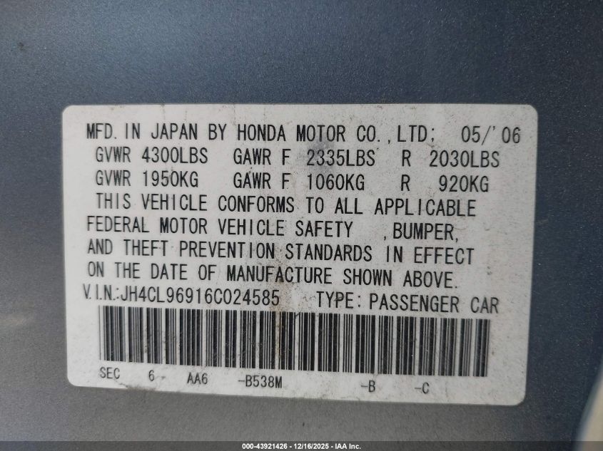 2006 Acura Tsx VIN: JH4CL96916C024585 Lot: 43921426