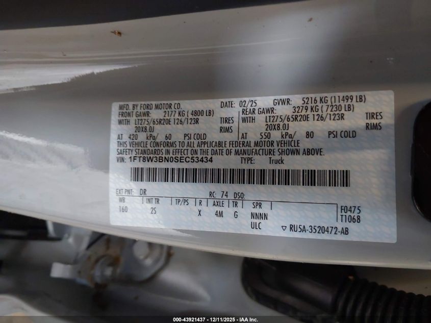 2025 Ford F-350 Xlt VIN: 1FT8W3BN0SEC53434 Lot: 43921437