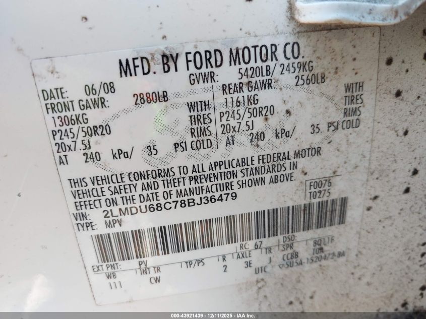 2008 Lincoln Mkx VIN: 2LMDU68C78BJ36479 Lot: 43921439