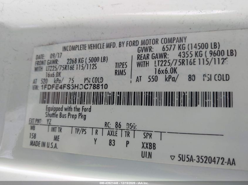 2017 Ford E-450 Cutaway VIN: 1FDFE4FS3HDC78810 Lot: 43921446