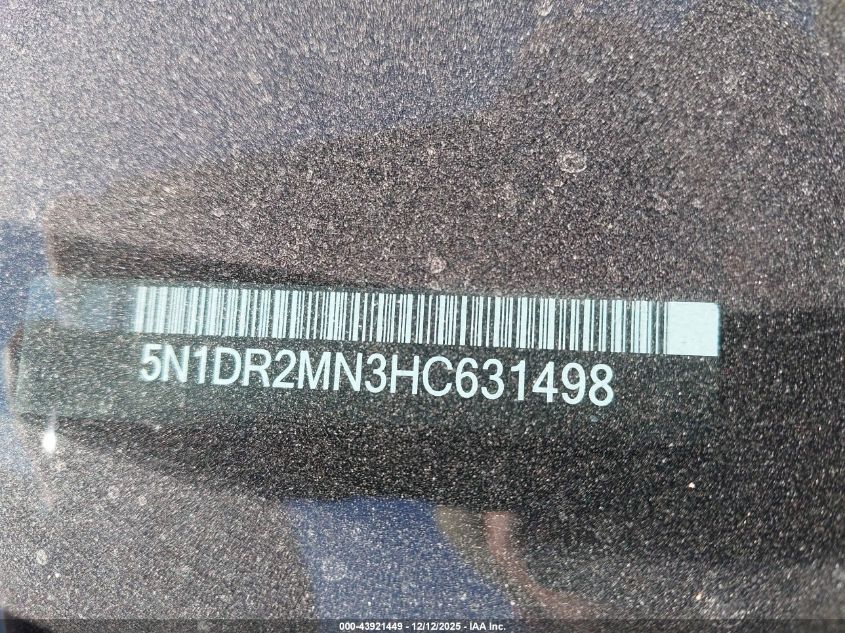 2017 Nissan Pathfinder Sv VIN: 5N1DR2MN3HC631498 Lot: 43921449