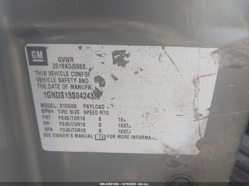 2004 Chevrolet Trailblazer Ls VIN: 1GNDS13S042438324 Lot: 43921452