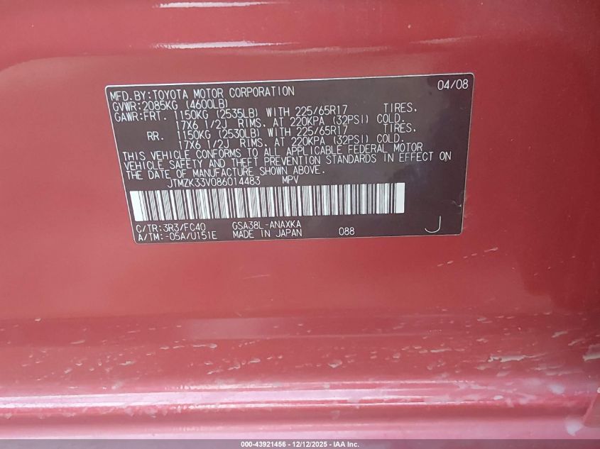 2008 Toyota Rav4 Base V6 VIN: JTMZK33V086014483 Lot: 43921456