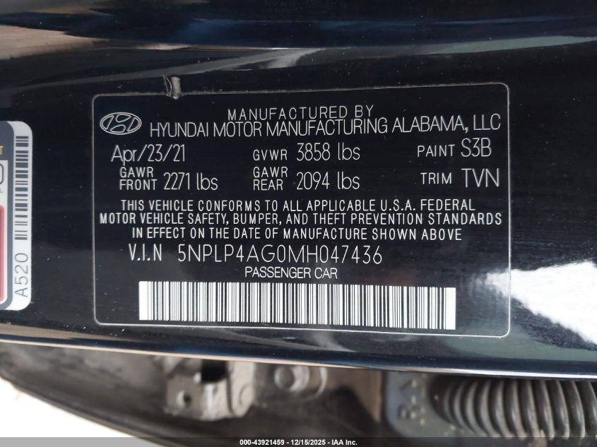 2021 Hyundai Elantra Limited VIN: 5NPLP4AG0MH047436 Lot: 43921459