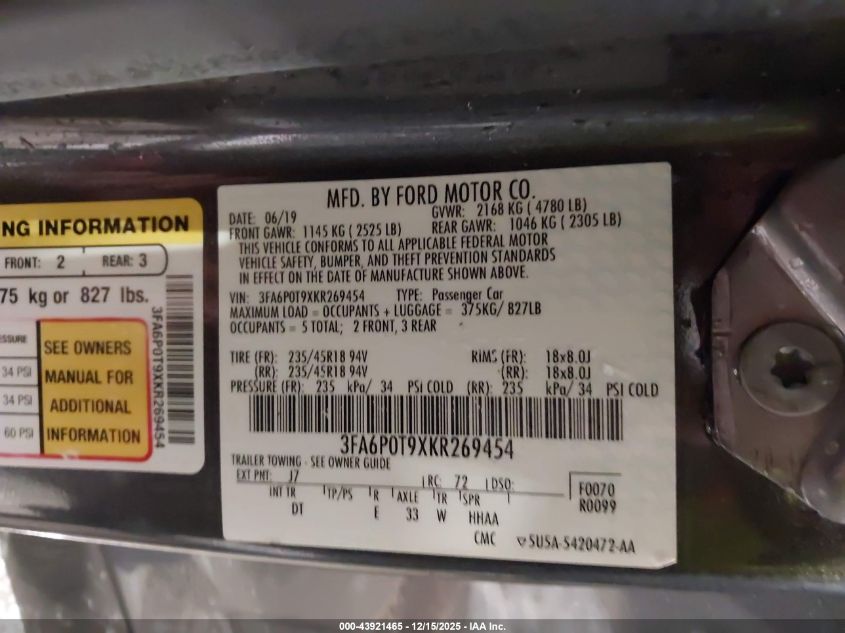 2019 Ford Fusion Se VIN: 3FA6P0T9XKR269454 Lot: 43921465