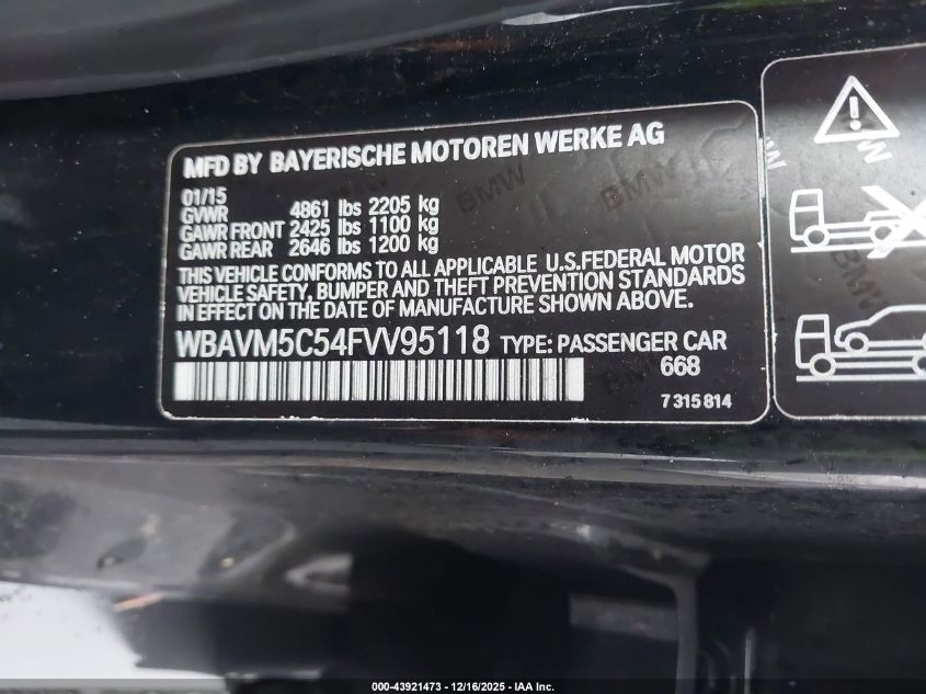 2015 BMW X1 xDrive35I VIN: WBAVM5C54FVV95118 Lot: 43921473