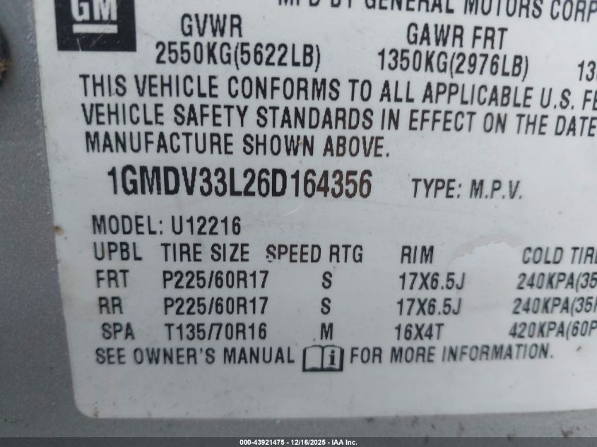 2006 Pontiac Montana Sv6 VIN: 1GMDV33L26D164356 Lot: 43921475