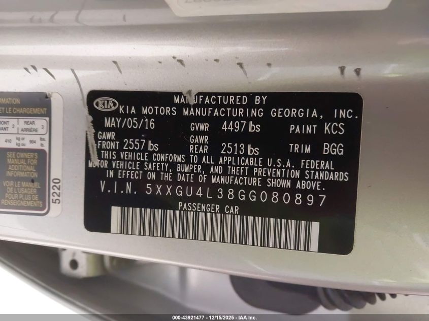 2016 Kia Optima Ex VIN: 5XXGU4L38GG080897 Lot: 43921477