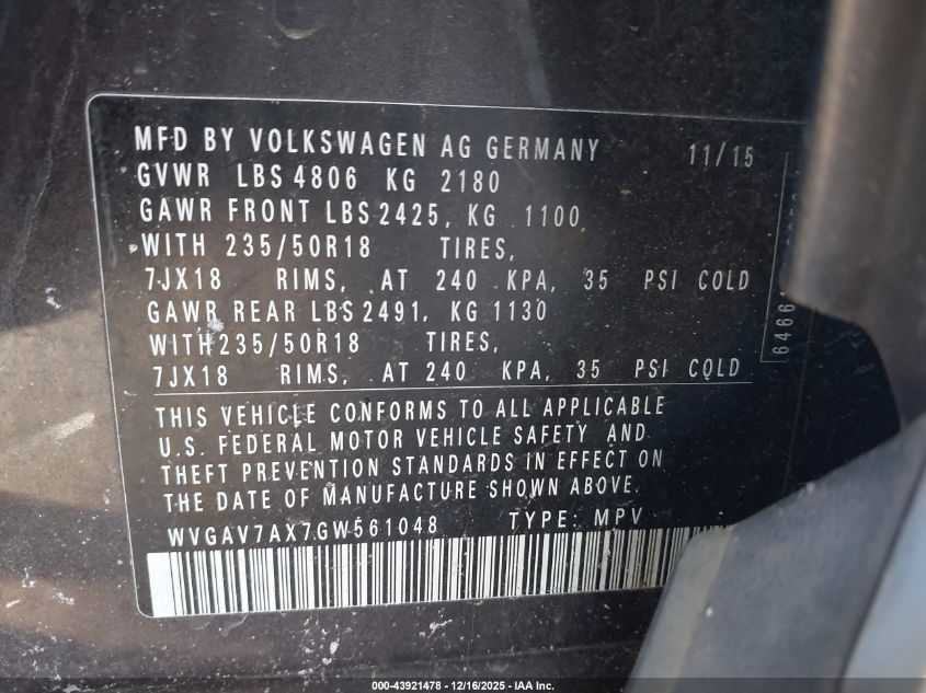 2016 Volkswagen Tiguan Se VIN: WVGAV7AX7GW561048 Lot: 43921478