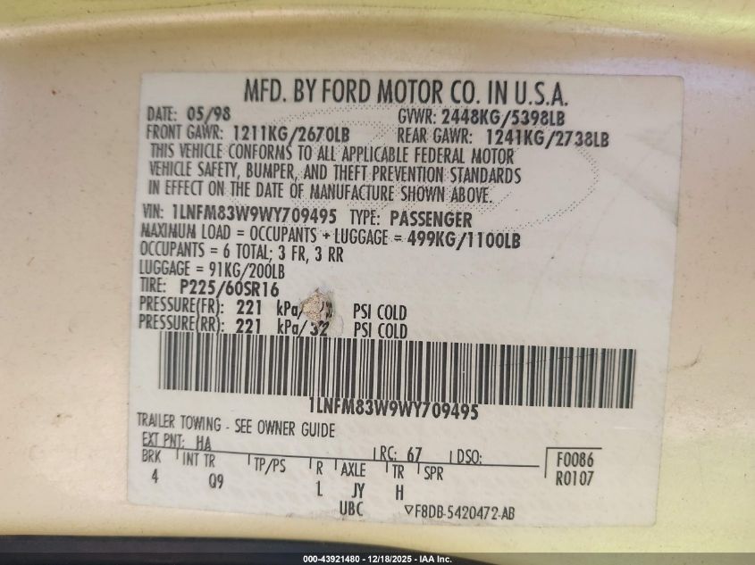 1998 Lincoln Town Car Cartier VIN: 1LNFM83W9WY709495 Lot: 43921480