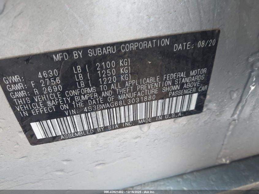 2020 Subaru Legacy Sport VIN: 4S3BWAG68L3031880 Lot: 43921482