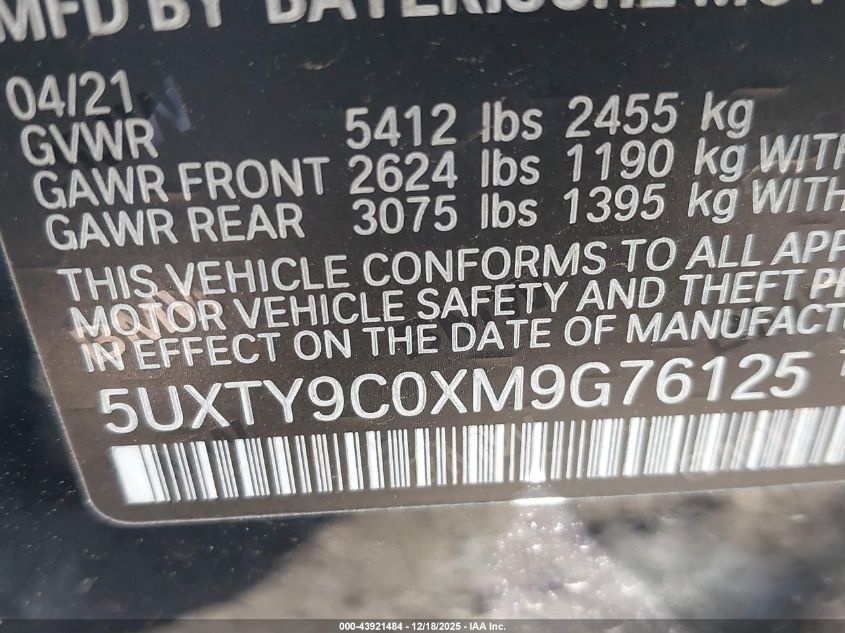 2021 BMW X3 M40I VIN: 5UXTY9C0XM9G76125 Lot: 43921484