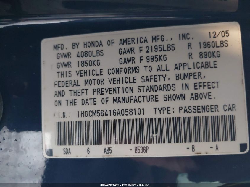 2006 Honda Accord 2.4 Lx VIN: 1HGCM56416A058101 Lot: 43921499