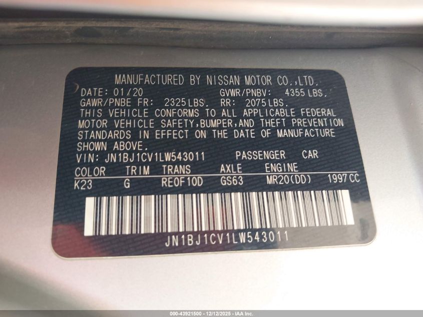 2020 Nissan Rogue Sport S Fwd Xtronic Cvt VIN: JN1BJ1CV1LW543011 Lot: 43921500