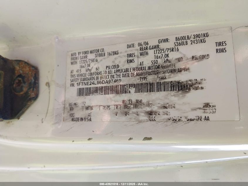 2006 Ford E-250 Commercial/Recreational VIN: 1FTNE24L66DA97469 Lot: 43921516
