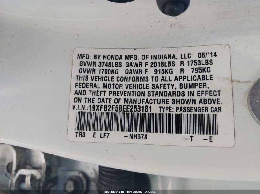 2014 Honda Civic Lx VIN: 19XFB2F58EE253181 Lot: 43921518