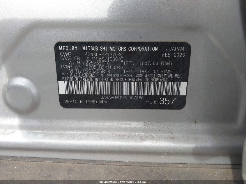 2023 Mitsubishi Outlander Sport 2.0 Es Awc VIN: JA4ARUAU1PU007880 Lot: 43921530