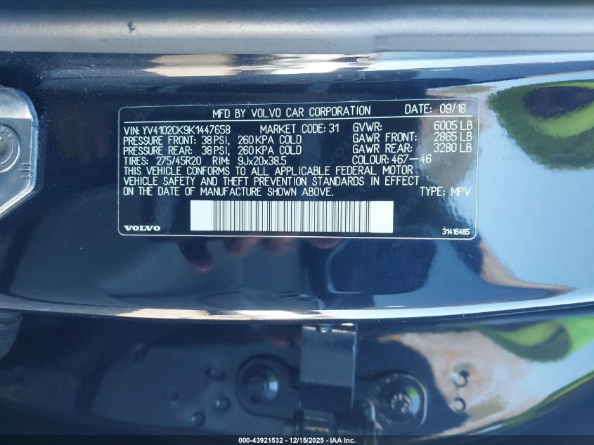 2019 Volvo Xc90 T5 Momentum VIN: YV4102CK9K1447658 Lot: 43921532