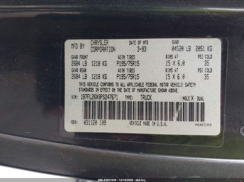 1993 Dodge Dakota VIN: 1B7FL26X8PS247671 Lot: 43921539