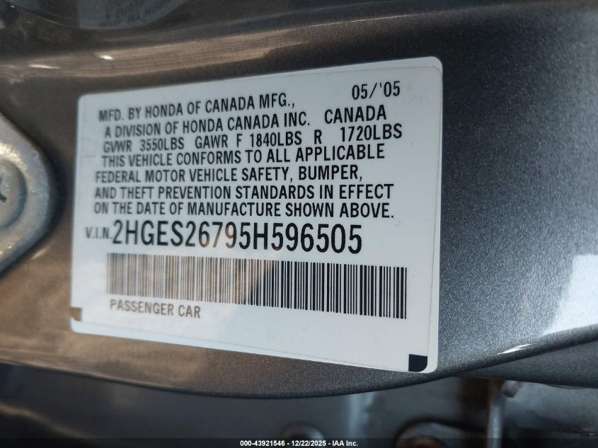 2005 Honda Civic Ex VIN: 2HGES26795H596505 Lot: 43921546