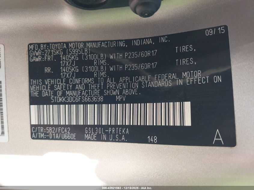 2015 Toyota Sienna Le 8 Passenger VIN: 5TDKK3DC6FS663698 Lot: 43921563