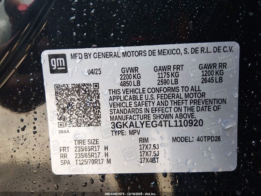 2026 GMC Terrain Awd At4 VIN: 3GKALYEG4TL110920 Lot: 43921575