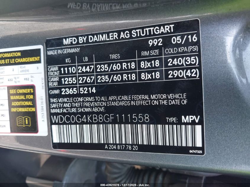 2016 Mercedes-Benz Glc 300 4Matic VIN: WDC0G4KB8GF111558 Lot: 43921578