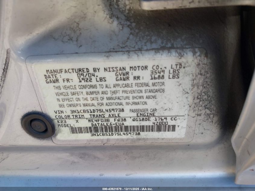 2005 Nissan Sentra 1.8S VIN: 3N1CB51D75L459738 Lot: 43921579