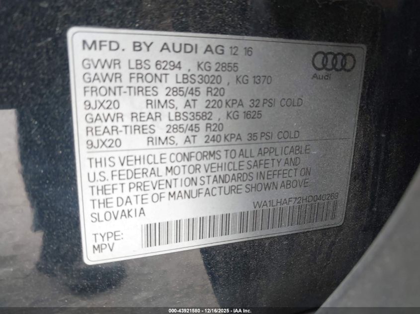2017 Audi Q7 2.0T Premium VIN: WA1LHAF72HD040269 Lot: 43921580