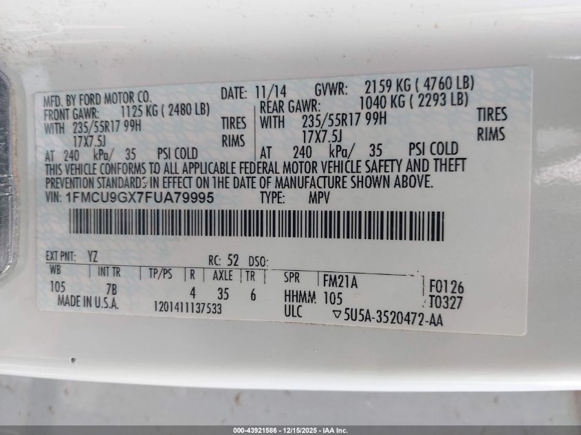 2015 Ford Escape Se VIN: 1FMCU9GX7FUA79995 Lot: 43921586