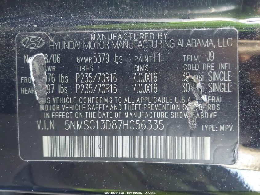 2007 Hyundai Santa Fe Gls VIN: 5NMSG13D87H056335 Lot: 43921593