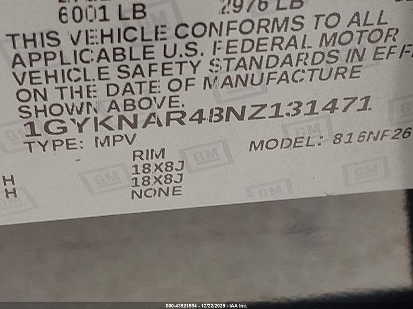 2022 Cadillac Xt5 Fwd Luxury VIN: 1GYKNAR48NZ131471 Lot: 43921594