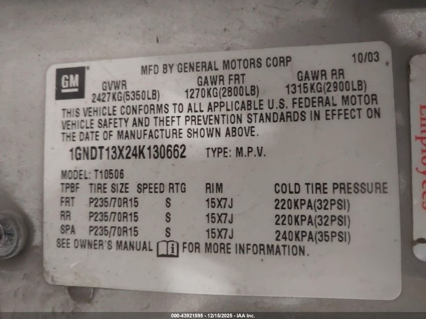 2004 Chevrolet Blazer Ls VIN: 1GNDT13X24K130662 Lot: 43921595