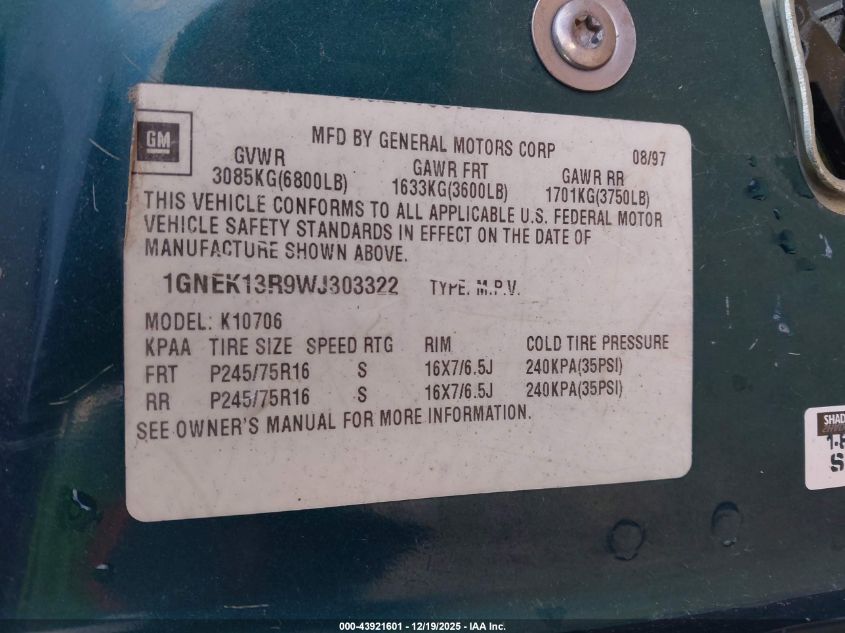 1998 Chevrolet Tahoe Ls VIN: 1GNEK13R9WJ303322 Lot: 43921601