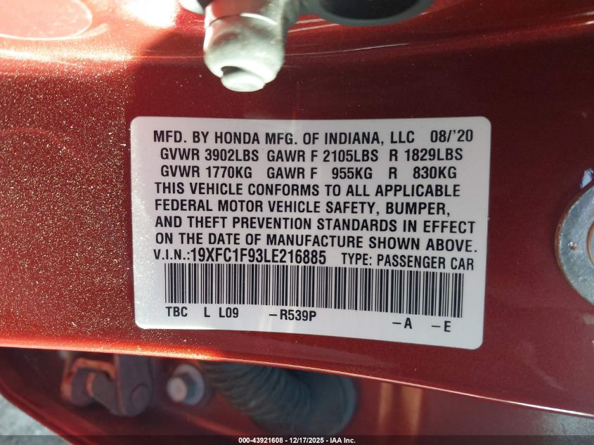 2020 Honda Civic Touring VIN: 19XFC1F93LE216885 Lot: 43921608