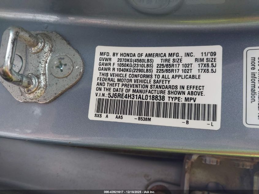 2010 Honda Cr-V Lx VIN: 5J6RE4H31AL018838 Lot: 43921617