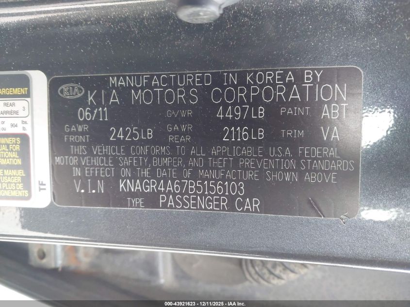 2011 Kia Optima Sx VIN: KNAGR4A67B5156103 Lot: 43921623