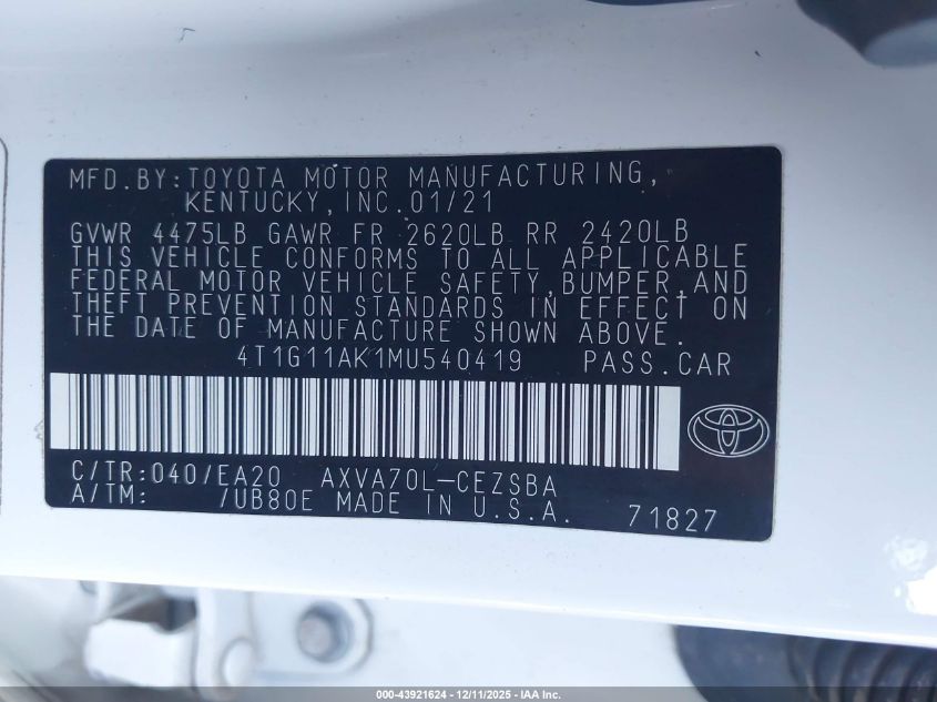 2021 Toyota Camry Se VIN: 4T1G11AK1MU540419 Lot: 43921624