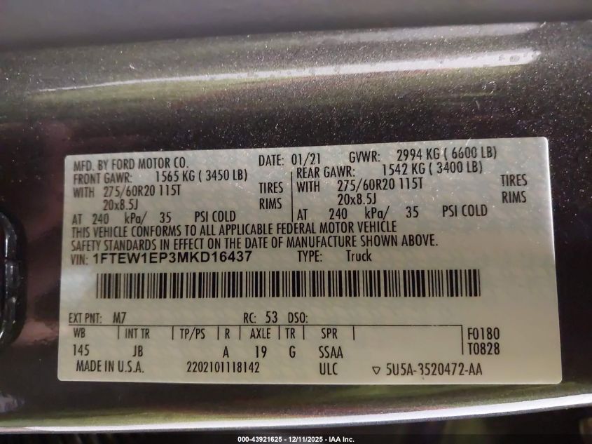 2021 Ford F-150 Xl VIN: 1FTEW1EP3MKD16437 Lot: 43921625