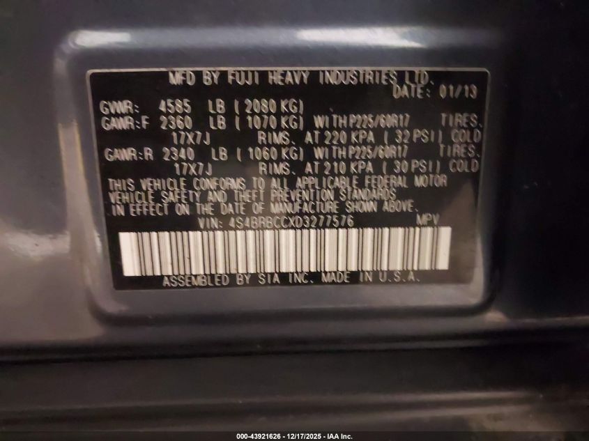 2013 Subaru Outback 2.5I Premium VIN: 4S4BRBCCXD3277576 Lot: 43921626