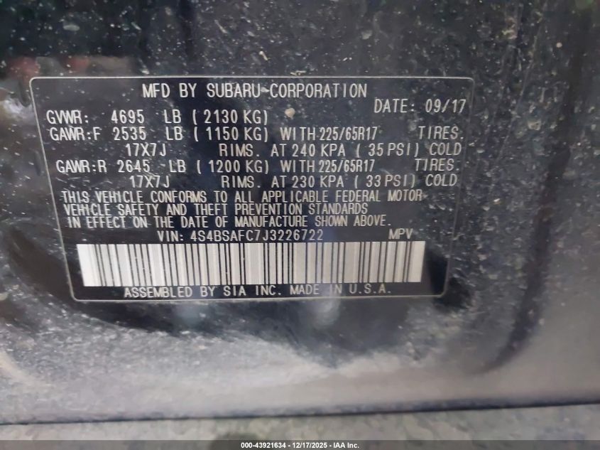 2018 Subaru Outback 2.5I Premium VIN: 4S4BSAFC7J3226722 Lot: 43921634