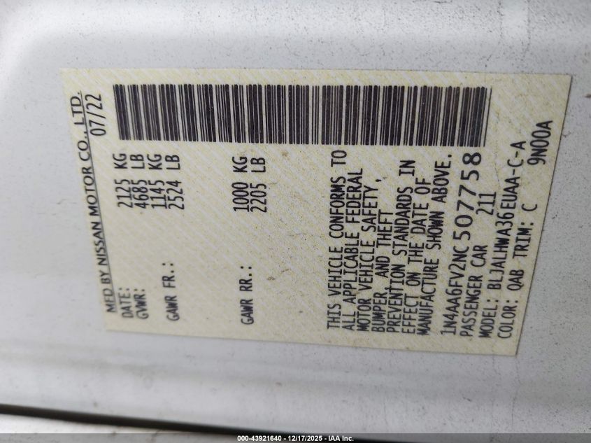 2022 Nissan Maxima Platinum Xtronic Cvt VIN: 1N4AA6FV2NC507758 Lot: 43921640