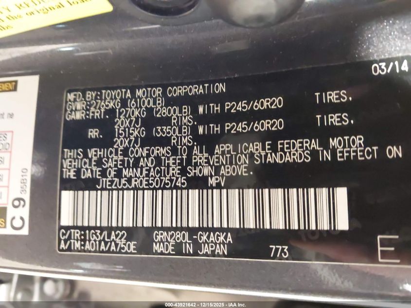 2014 Toyota 4Runner Limited VIN: JTEZU5JR0E5075745 Lot: 43921642