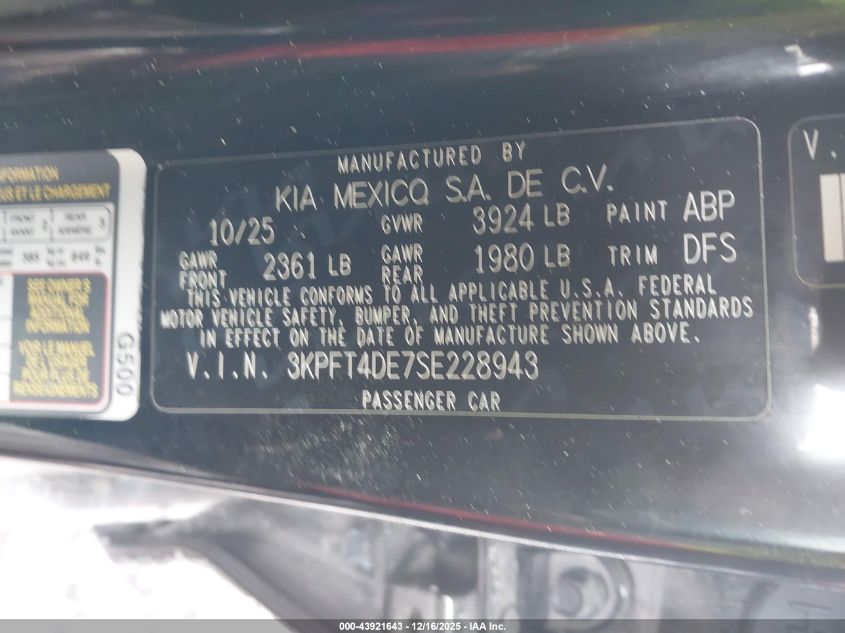2025 Kia K4 Lxs VIN: 3KPFT4DE7SE228943 Lot: 43921643