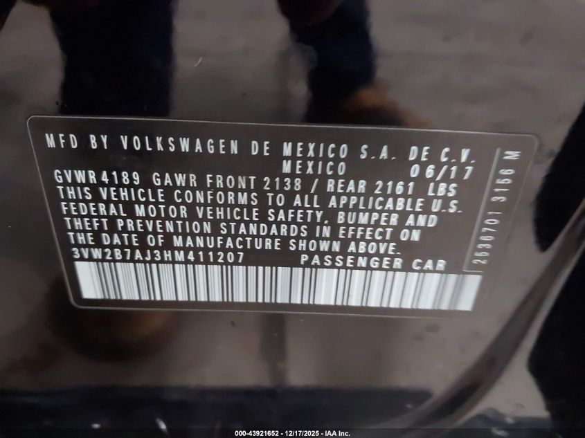 2017 Volkswagen Jetta 1.4T S VIN: 3VW2B7AJ3HM411207 Lot: 43921652